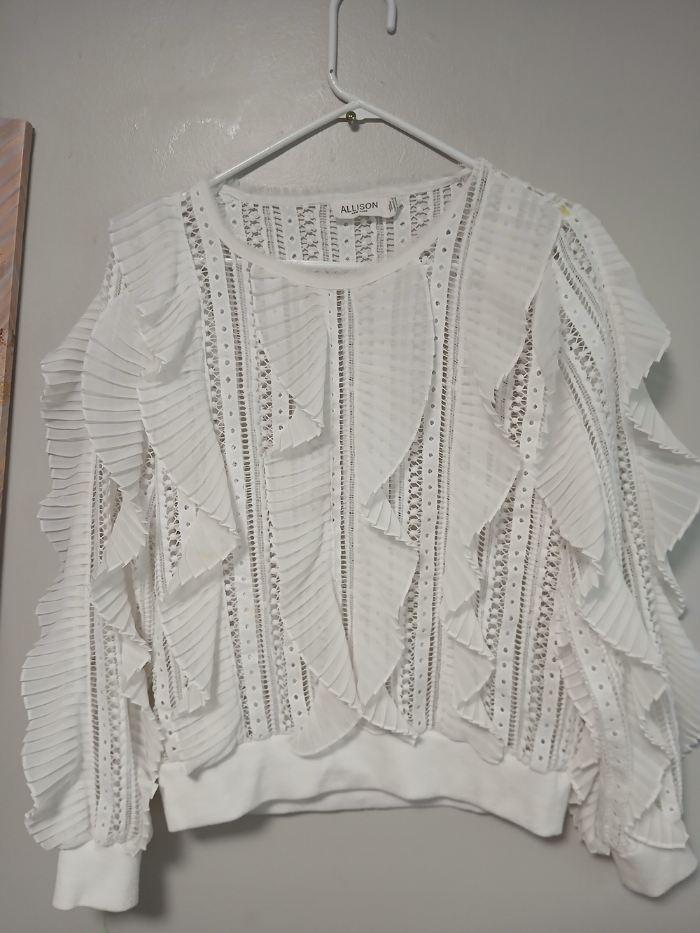 Allison White Ruffle Lace-Trim Pullover Sweatshirt